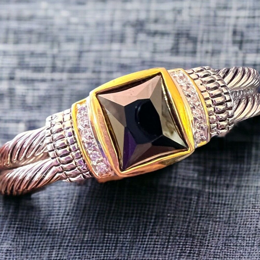Fancy Double Twisted Silver Bangle Bracelet w Faux Diamonds and Black Stone